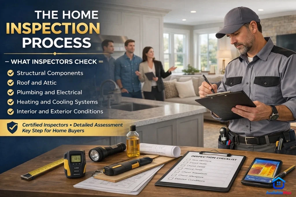 Professional home inspection in a modern U.S. house with inspector reviewing checklist and property condition before closing