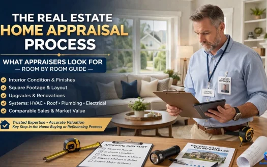 Licensed home appraiser inspecting a modern house interior with clipboard, tablet, and valuation checklist during the real estate appraisal process