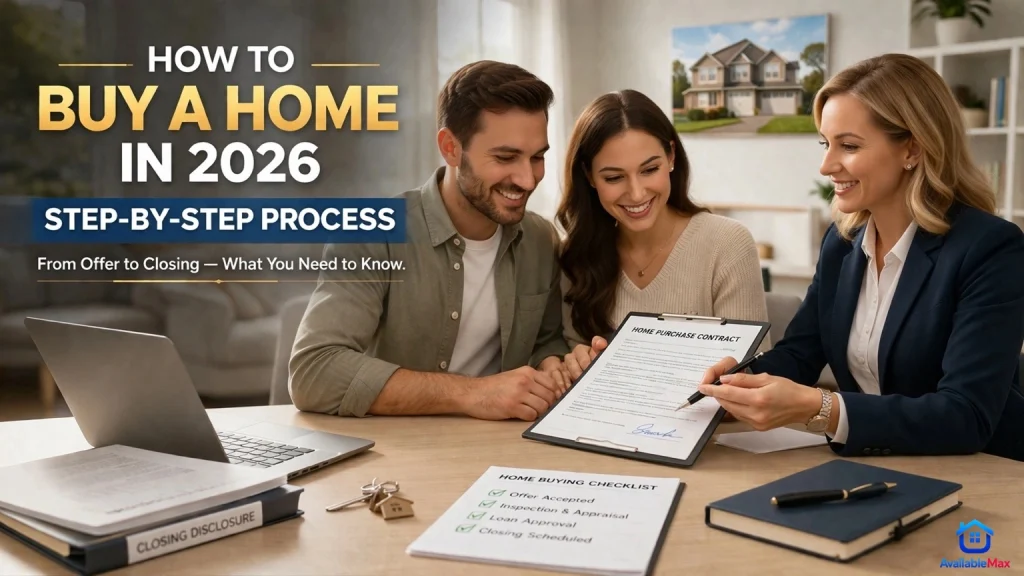 Buyer reviewing home purchase documents after offer acceptance with agent at a desk in a modern office