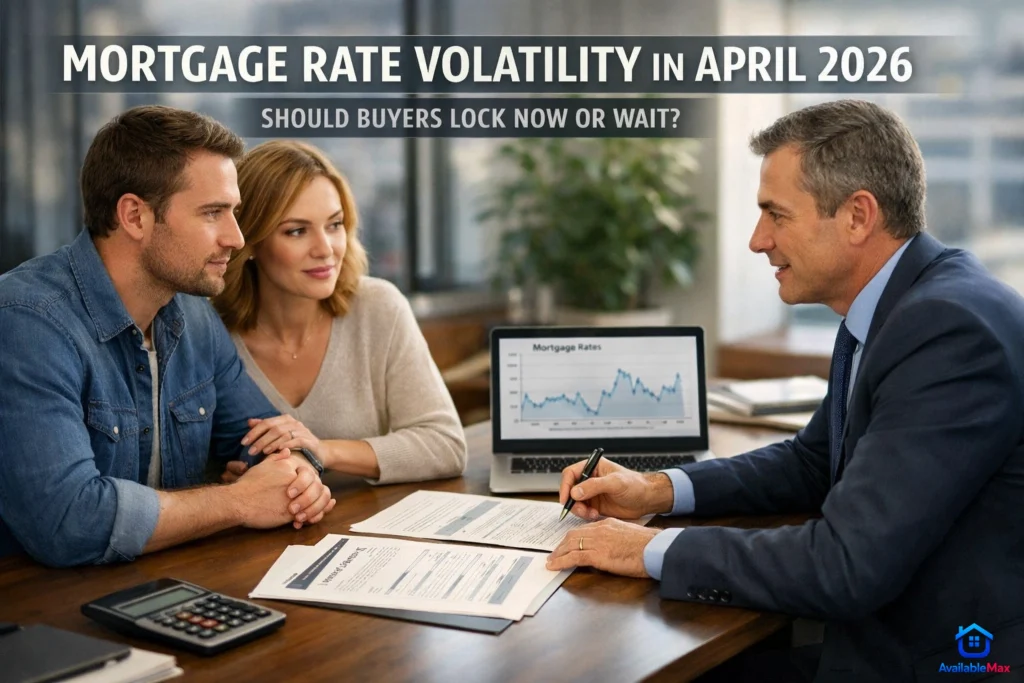 Mortgage rate lock decision scene in April 2026 with U.S. homebuyer reviewing loan options, rate charts, and financing documents with a mortgage advisor in a modern office